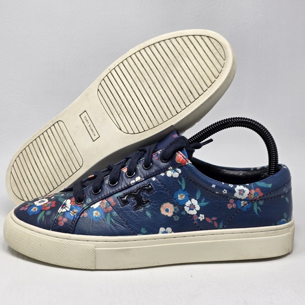 TORY BURCH Floral Multicolor Leather Sneakers 39425 Womens Size 7.5 Pre-owned
